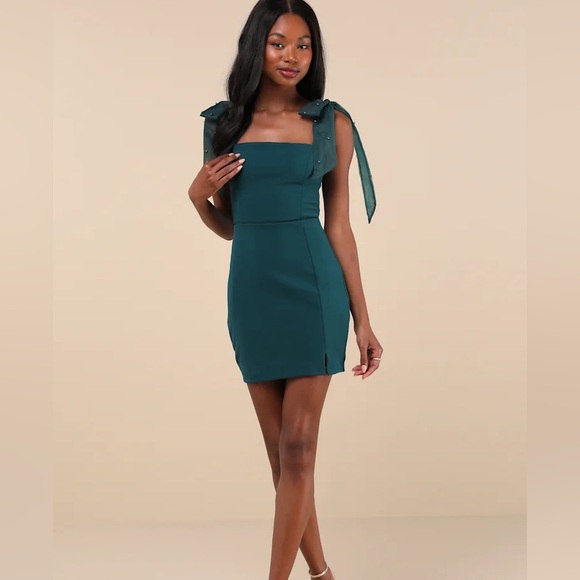 Lulus Beaming Perfection Emerald Beaded Organza Tie-Strap Mini Dress - Picture 3 of 8